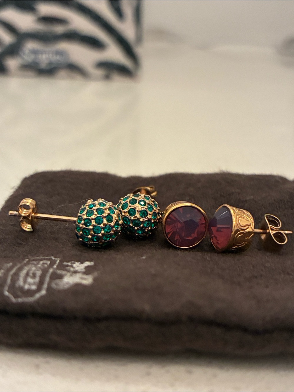 Coach Gold-Tone Earrings with Green Pave Spheres and Purple Centers